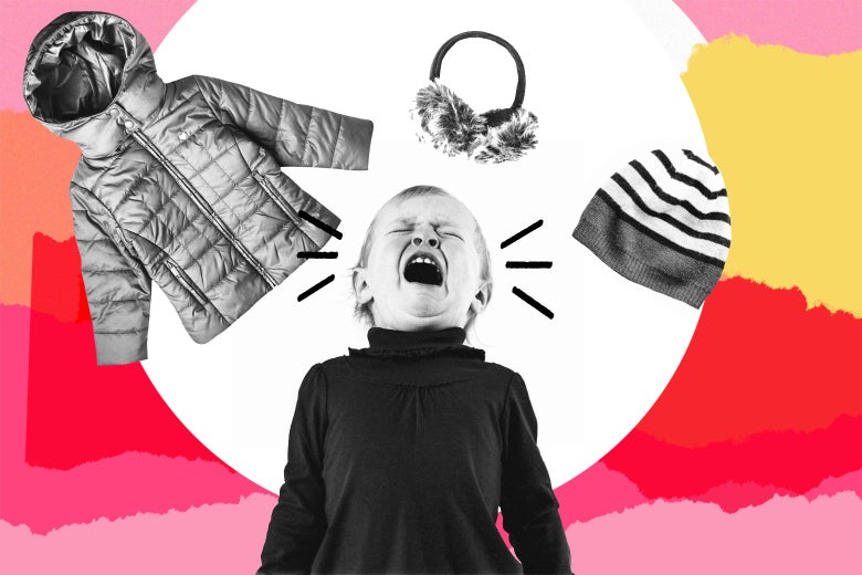 Photo illustration of a young child crying. The child is surrounded by various winter outerwear.